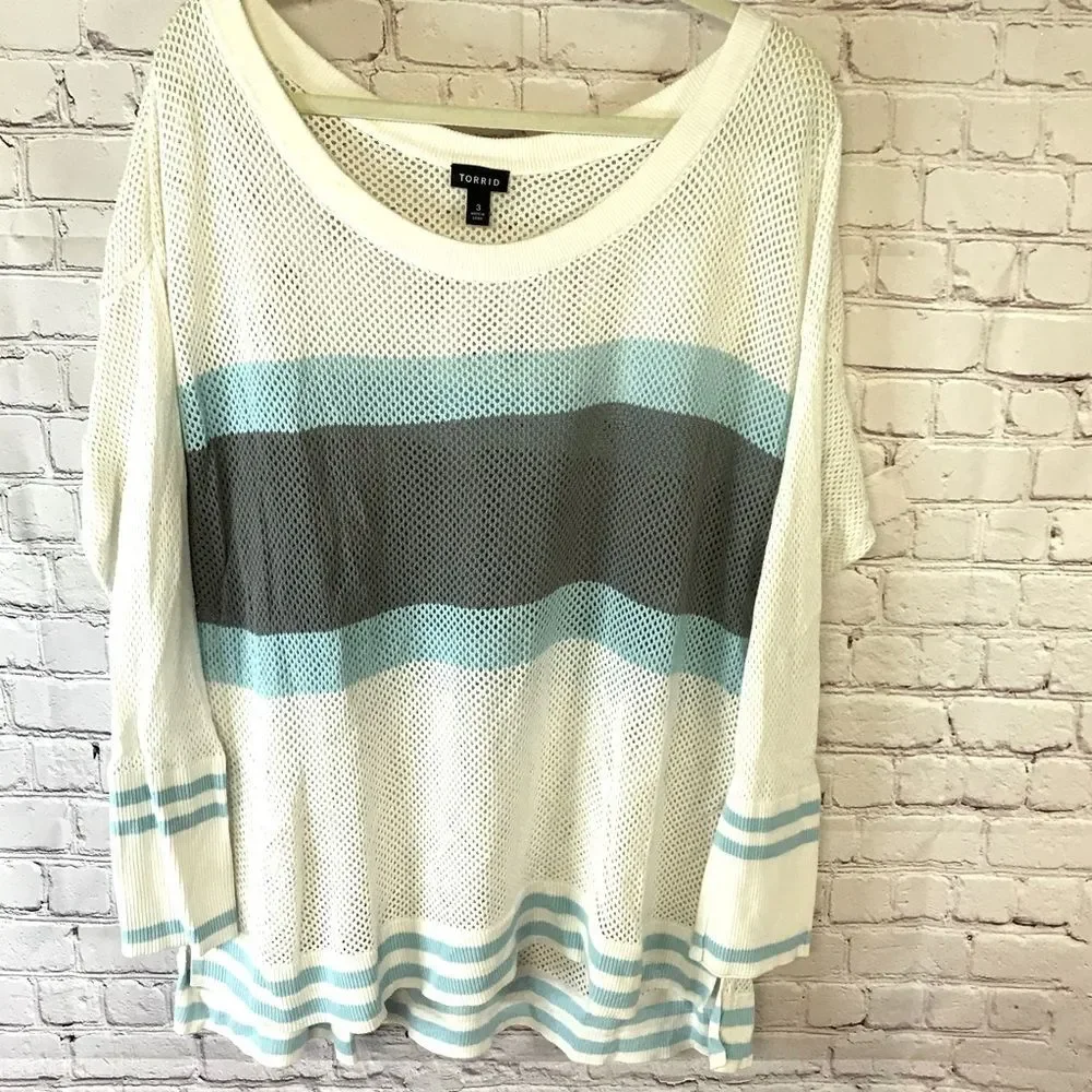 TORRID Crochet Open Weave Stripe Longsleeve Scoop Neck Coastal Beach Top Size 3X
